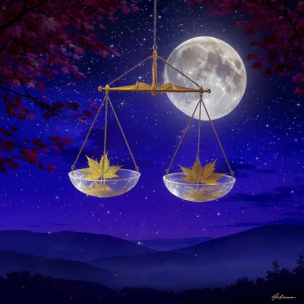 Ein künstlerisches Bild der Waage-Waage, die eine Krone und ein Herz ausbalanciert und die Themen des Waage-September-Horoskops symbolisiert.