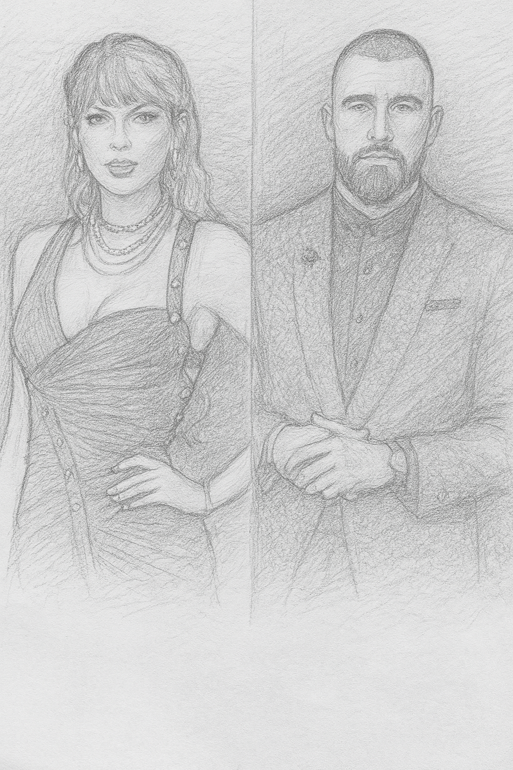 Ein stilisiertes Bild, das Taylor Swift und Travis Kelce dezent im Hintergrund zeigt.