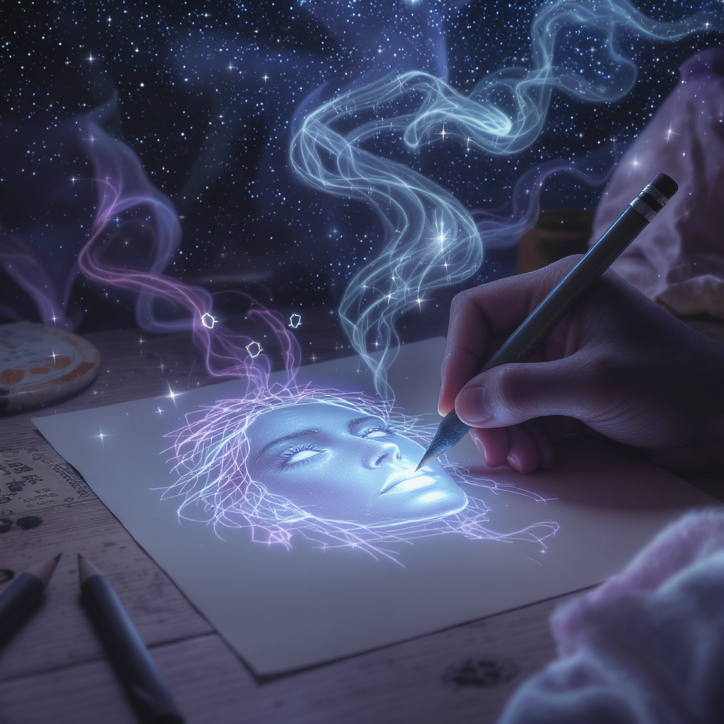 Eine Kohlezeichnung eines mysteriösen, lächelnden Gesichts neben einer Himmelskarte, die eine Seelenverwandten-Zeichnung illustriert.